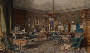 Intérieur seigneurial avec trophées de chasse sur le mur